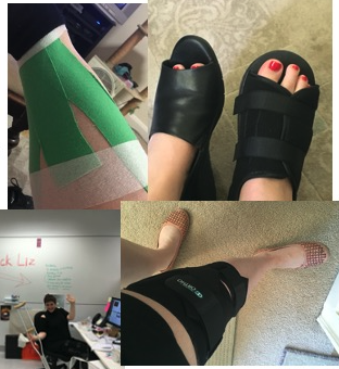 A photo collage of my leg in physio tape, in a corrective shoe, on crutches and with a knee brace on 